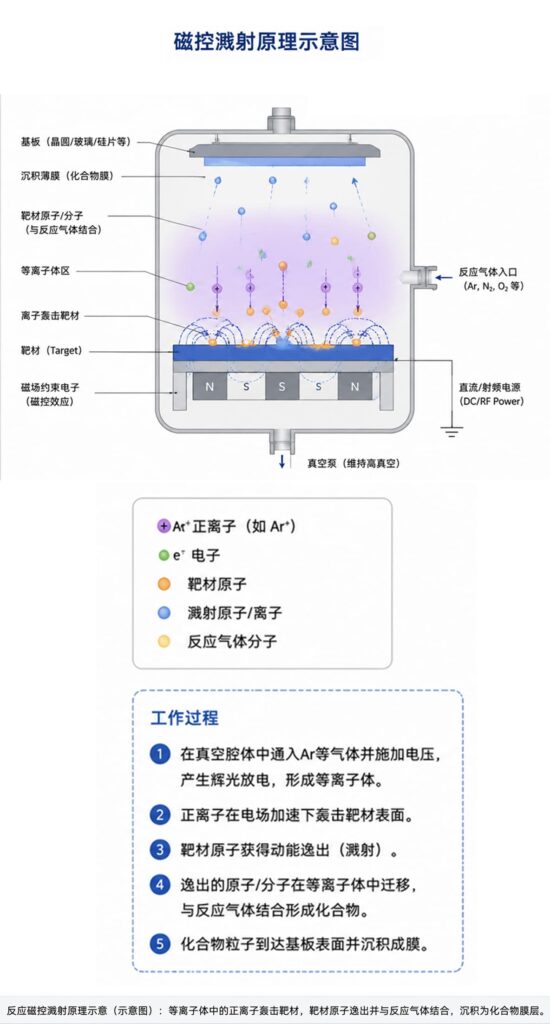 反应磁控溅射沉积工作原理示意图