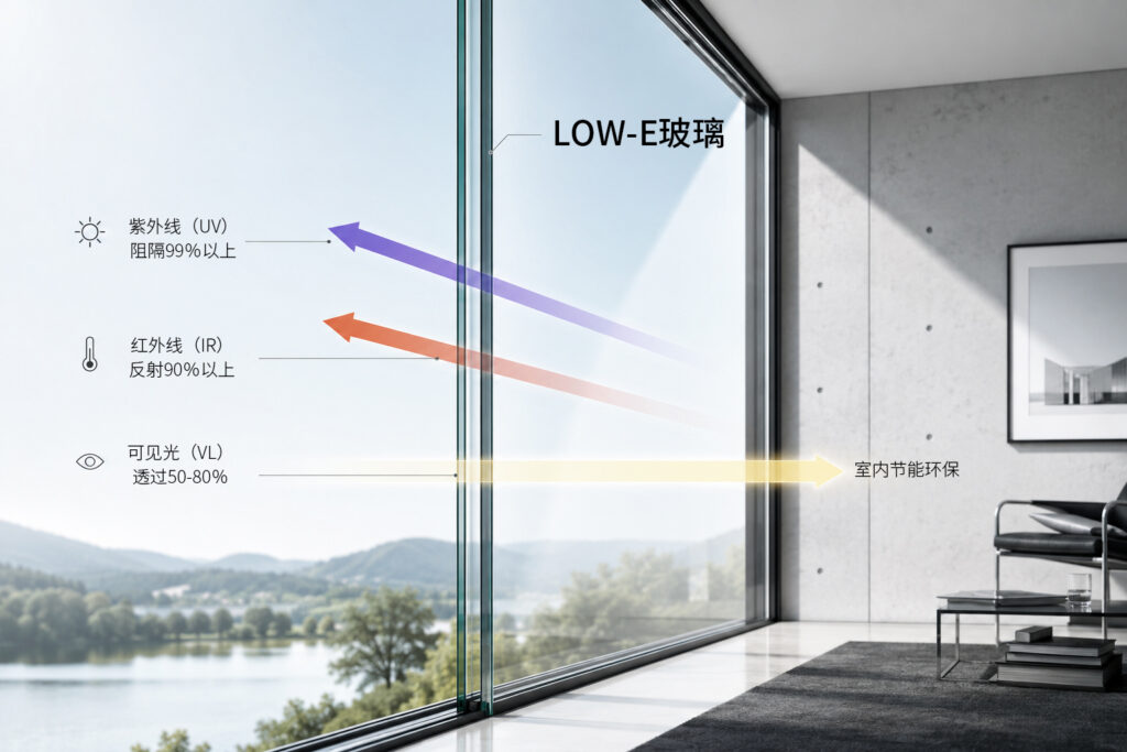 Low-E低辐射节能玻璃性能与光学热学原理结构示意图